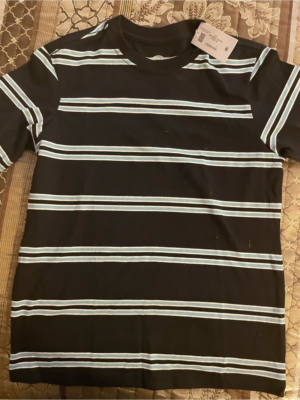 wonder nation Boy’s Black Tee with Light Blue & White Stripes